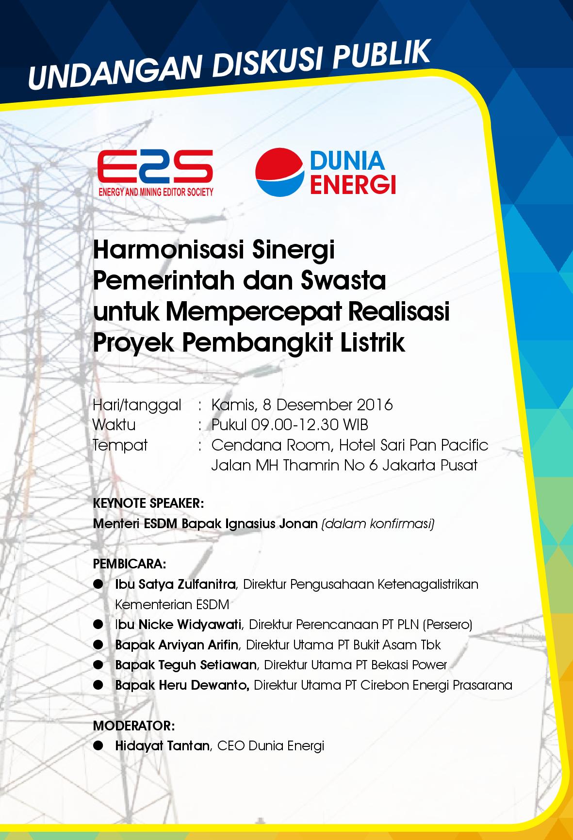 E2S dan Dunia Energi Gelar Diskusi soal Listrik Kamis 8 Desember